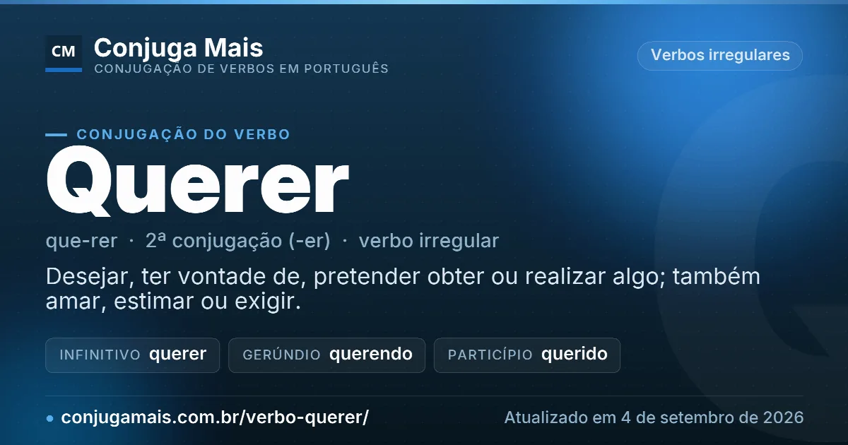 Cartão do verbo querer com definição, formas principais, endereço da página e data de atualização.