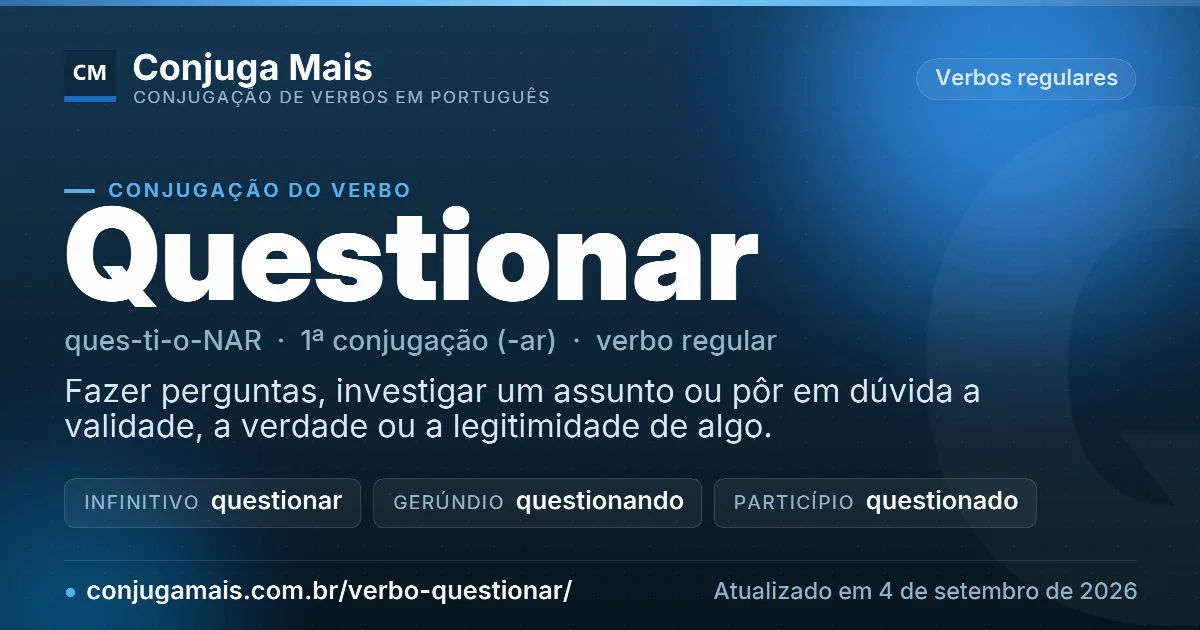Cartão do verbo questionar com definição, formas principais, endereço da página e data de atualização.