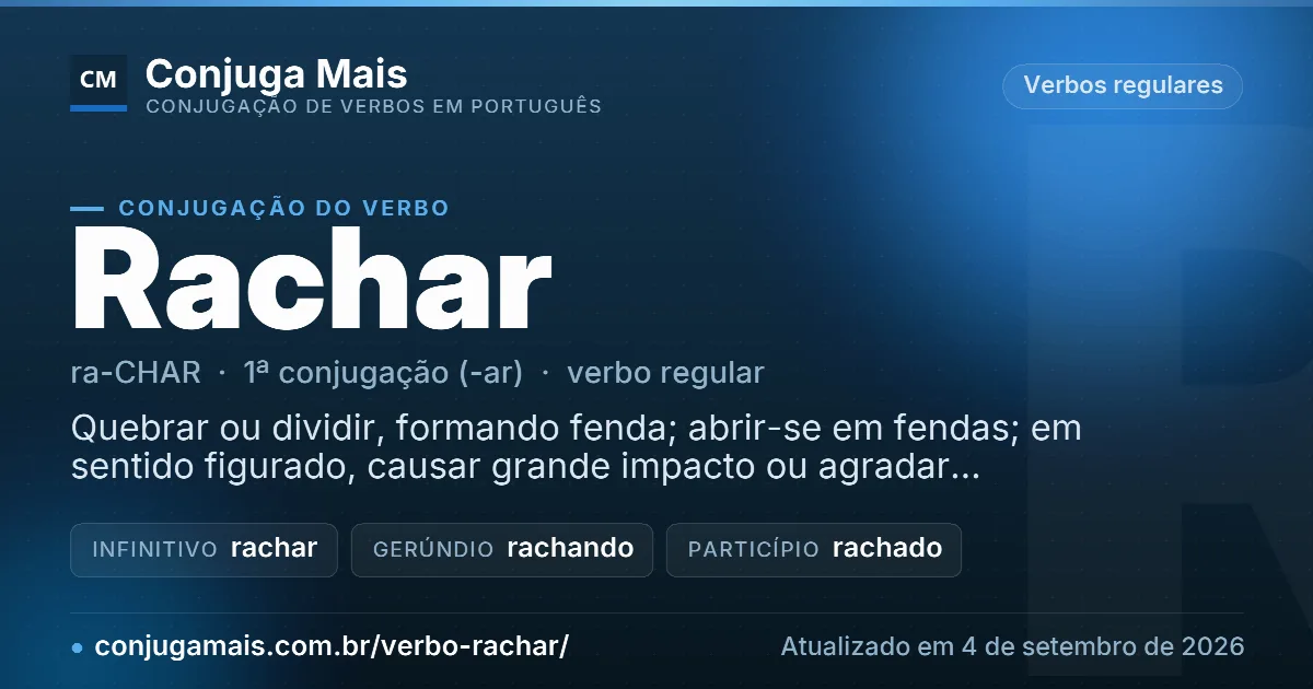 Cartão do verbo rachar com definição, formas principais, endereço da página e data de atualização.