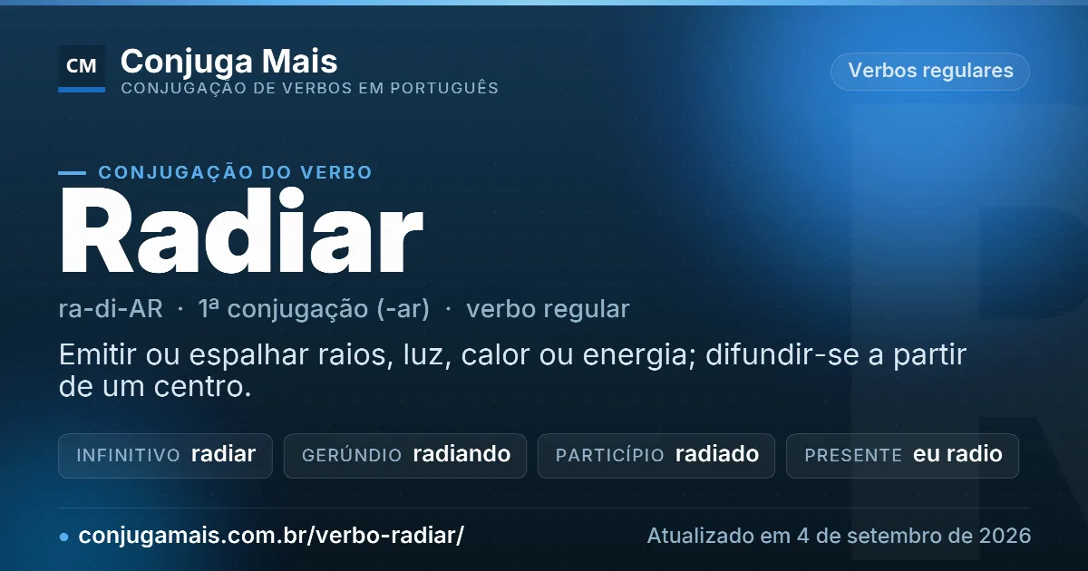 Cartão do verbo radiar com definição, formas principais, endereço da página e data de atualização.