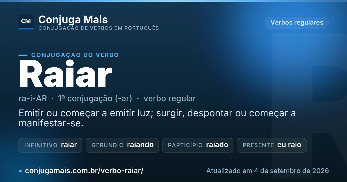 Cartão do verbo raiar com definição, formas principais, endereço da página e data de atualização.