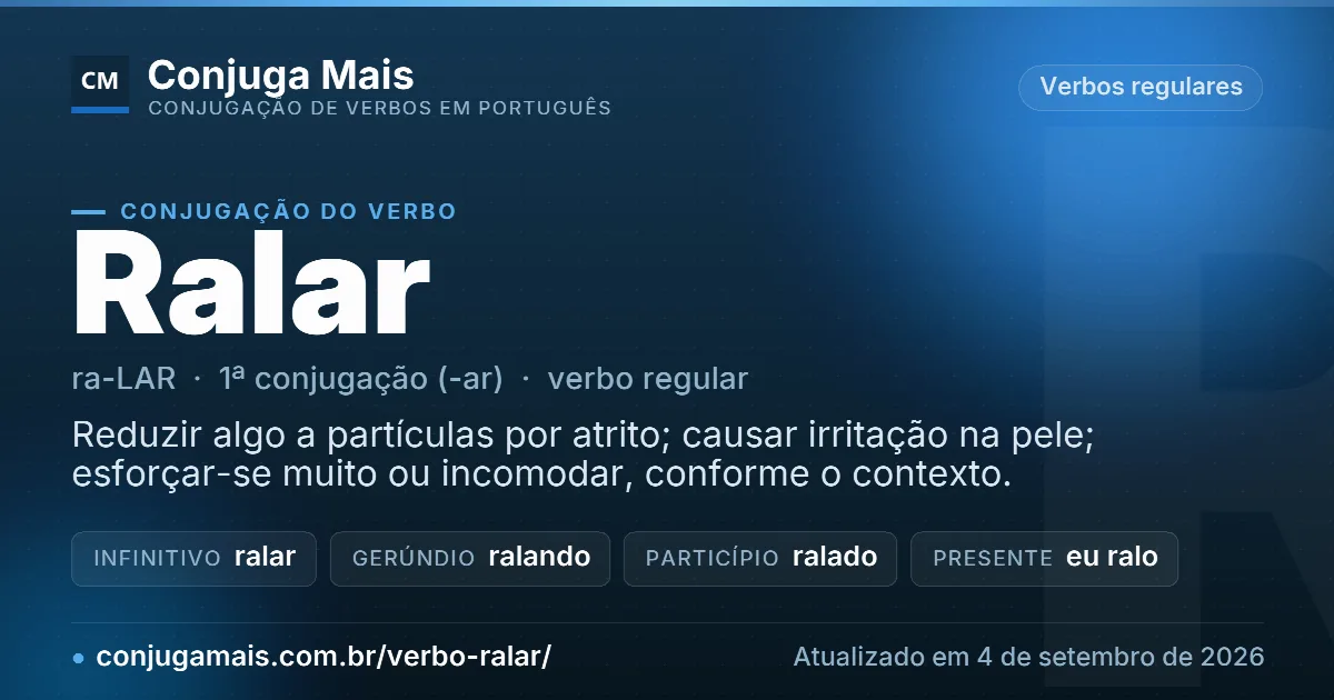 Cartão do verbo ralar com definição, formas principais, endereço da página e data de atualização.