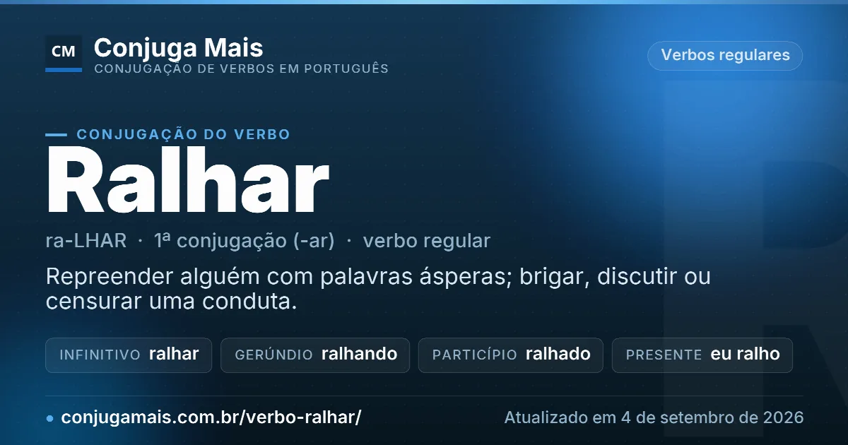 Cartão do verbo ralhar com definição, formas principais, endereço da página e data de atualização.