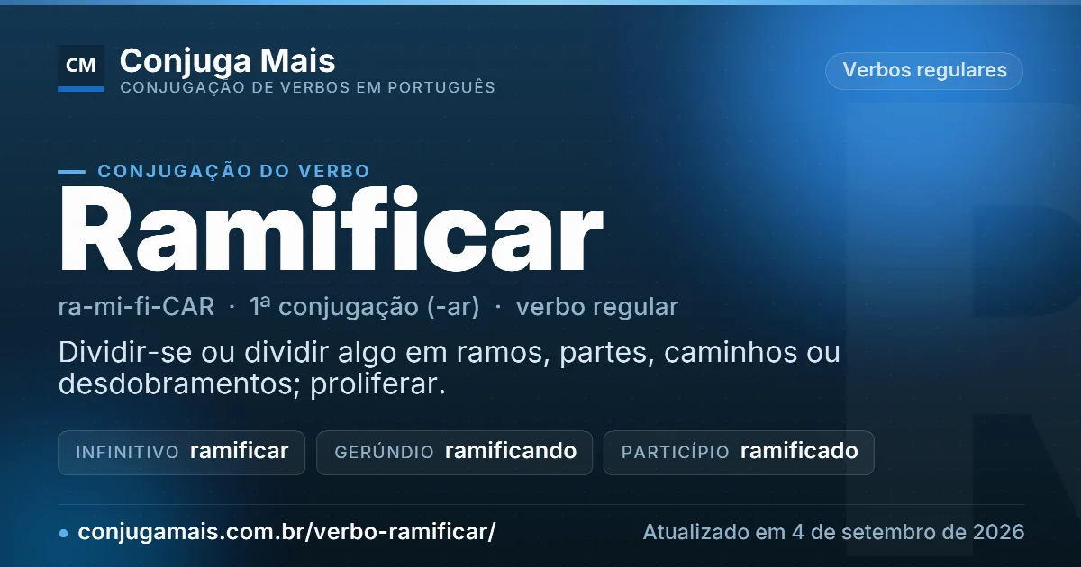 Cartão do verbo ramificar com definição, formas principais, endereço da página e data de atualização.