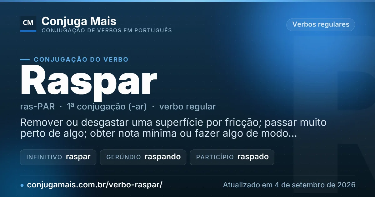 Cartão do verbo raspar com definição, formas principais, endereço da página e data de atualização.