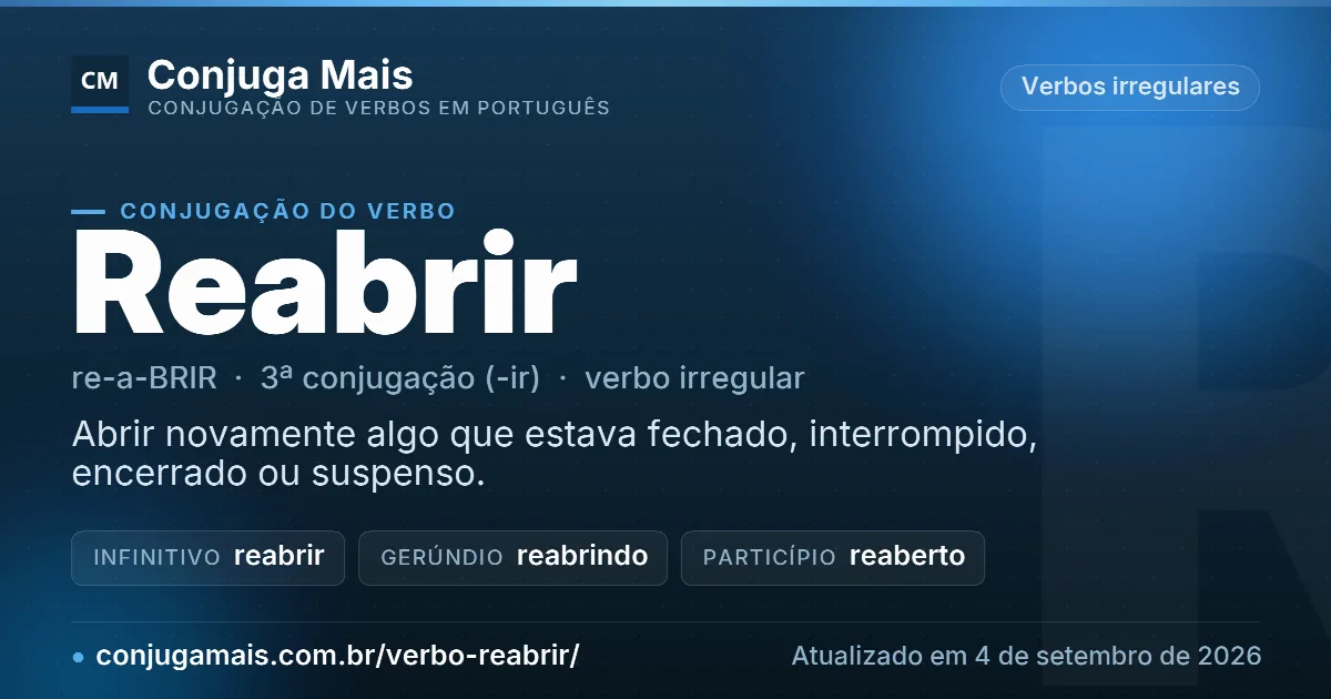 Cartão do verbo reabrir com definição, formas principais, endereço da página e data de atualização.