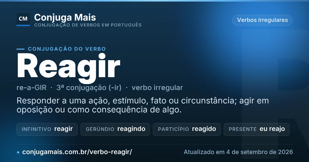 Cartão do verbo reagir com definição, formas principais, endereço da página e data de atualização.