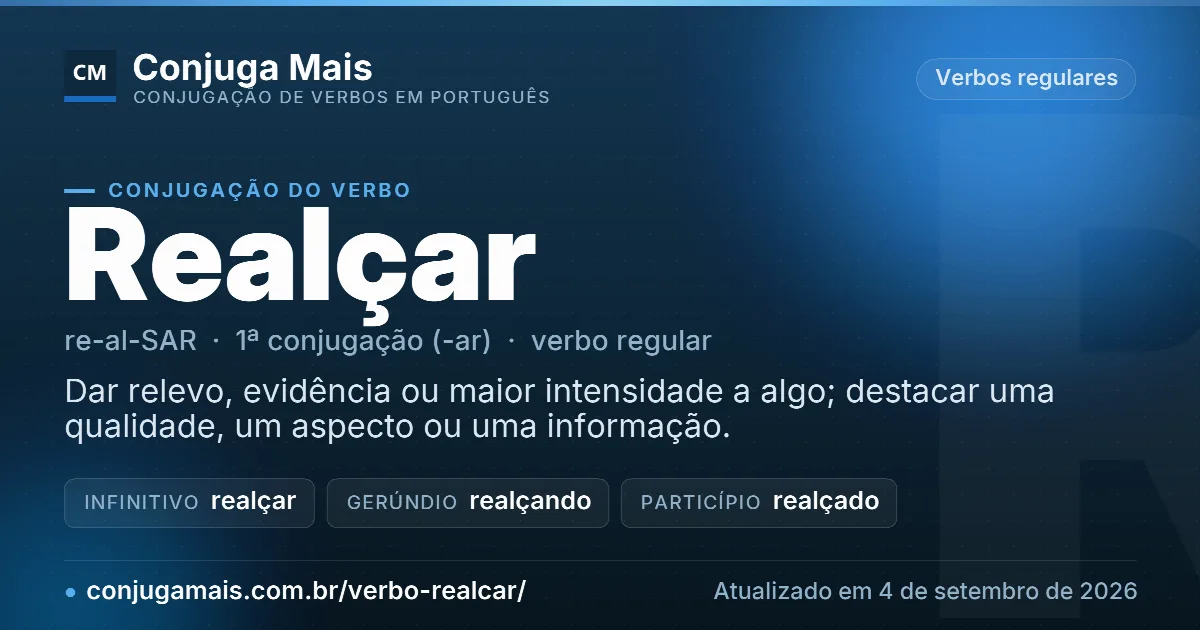 Cartão do verbo realçar com definição, formas principais, endereço da página e data de atualização.