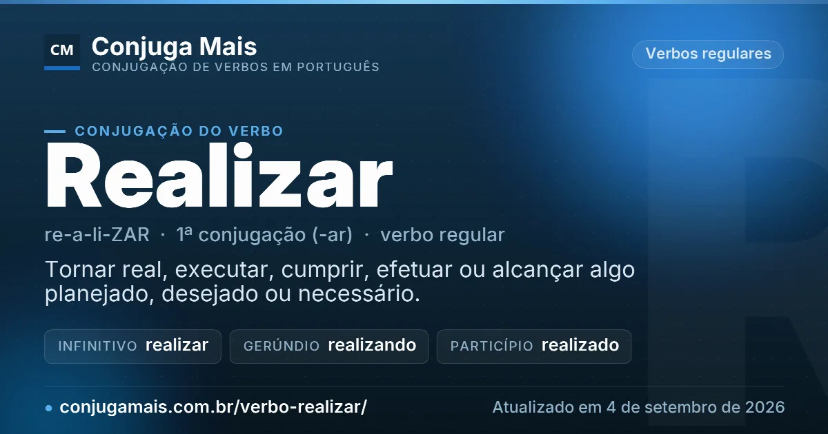Cartão do verbo realizar com definição, formas principais, endereço da página e data de atualização.