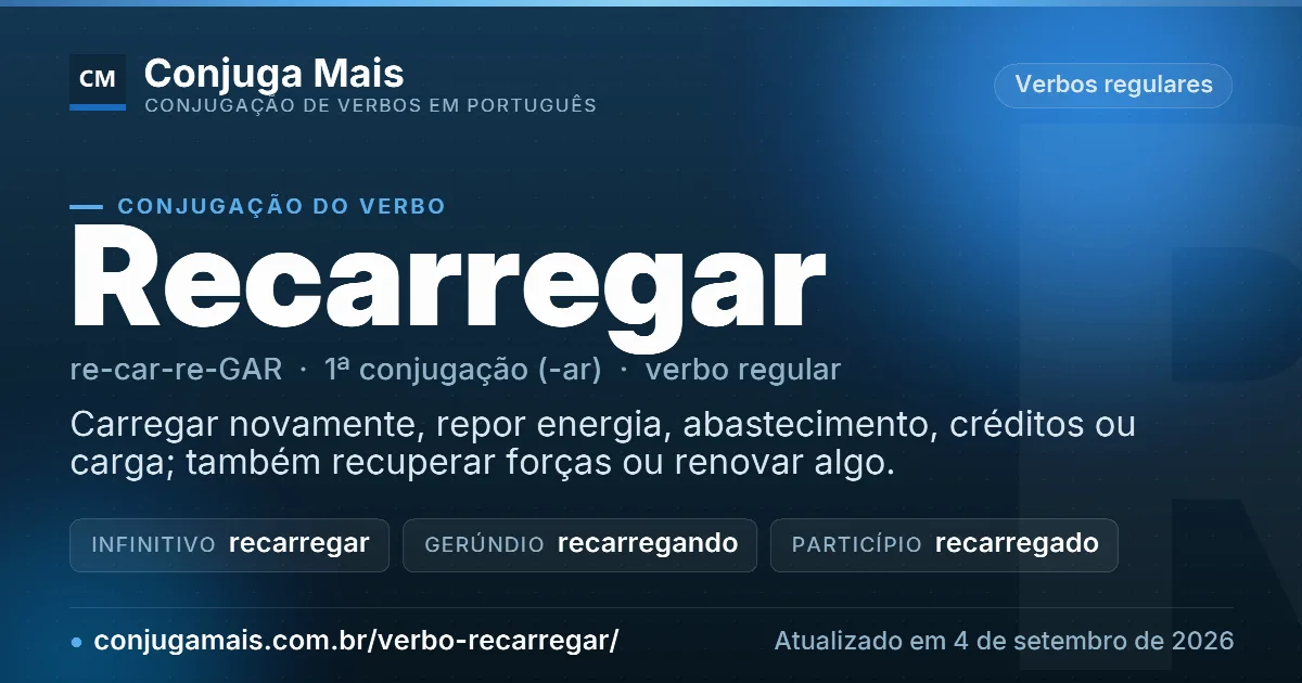 Cartão do verbo recarregar com definição, formas principais, endereço da página e data de atualização.