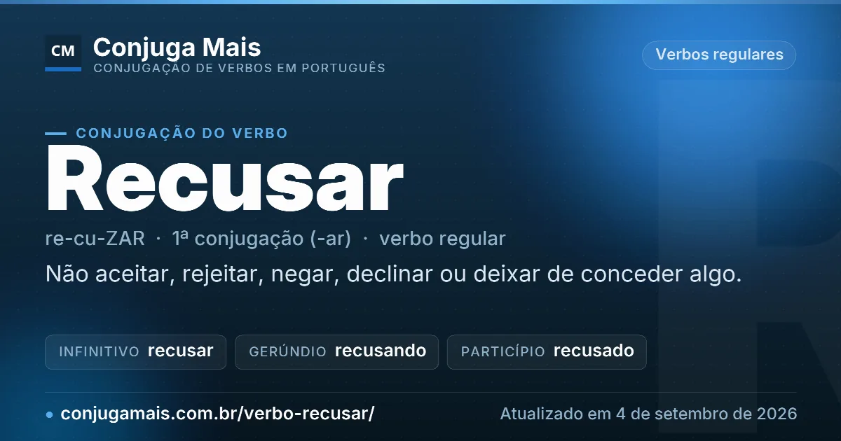Cartão do verbo recusar com definição, formas principais, endereço da página e data de atualização.