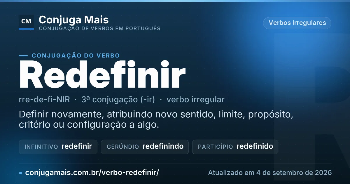 Cartão do verbo redefinir com definição, formas principais, endereço da página e data de atualização.
