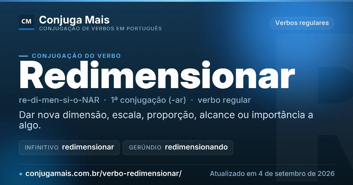 Cartão do verbo redimensionar com definição, formas principais, endereço da página e data de atualização.