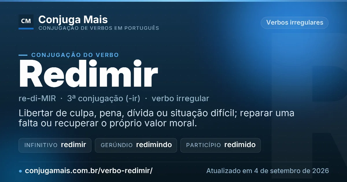 Cartão do verbo redimir com definição, formas principais, endereço da página e data de atualização.