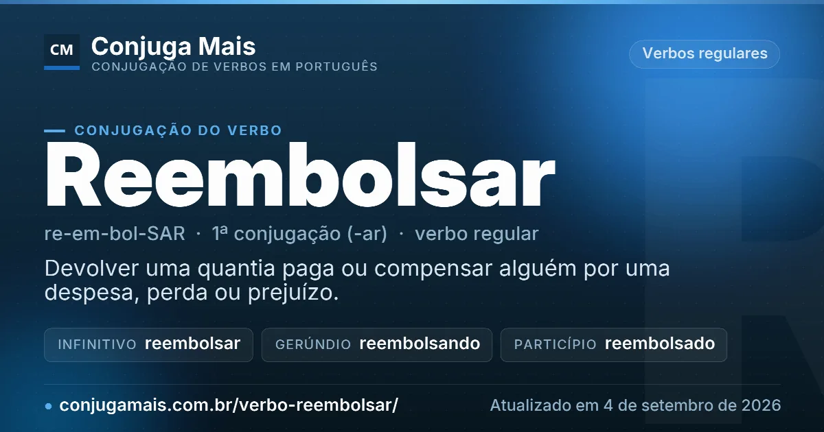 Cartão do verbo reembolsar com definição, formas principais, endereço da página e data de atualização.