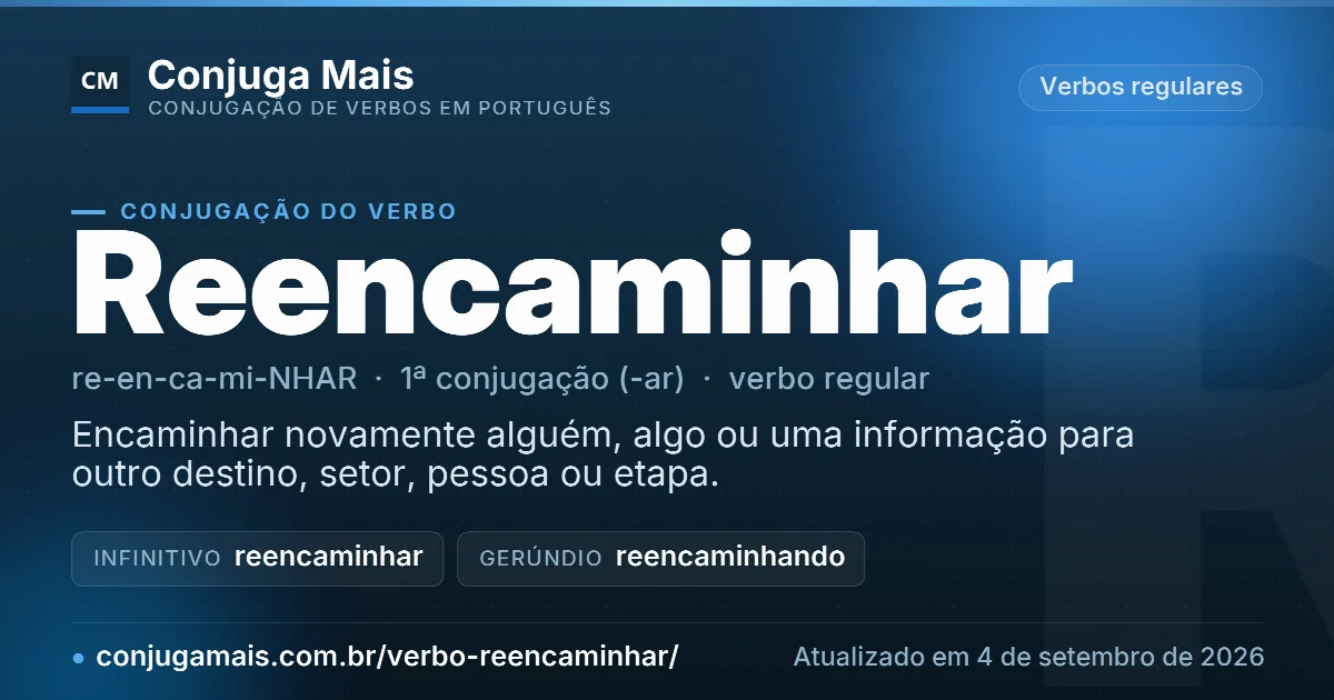 Cartão do verbo reencaminhar com definição, formas principais, endereço da página e data de atualização.