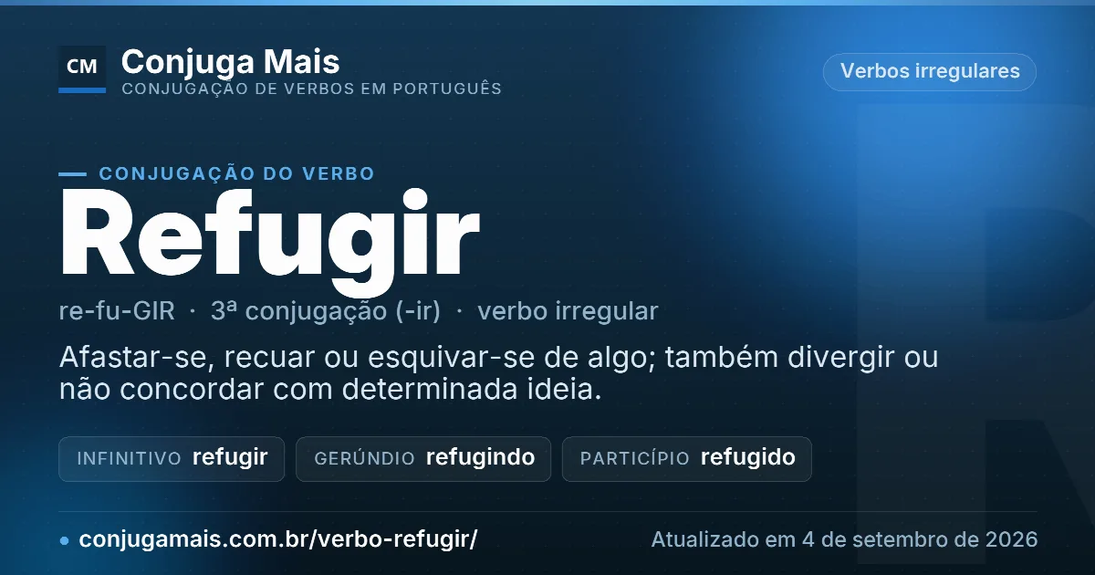 Cartão do verbo refugir com definição, formas principais, endereço da página e data de atualização.