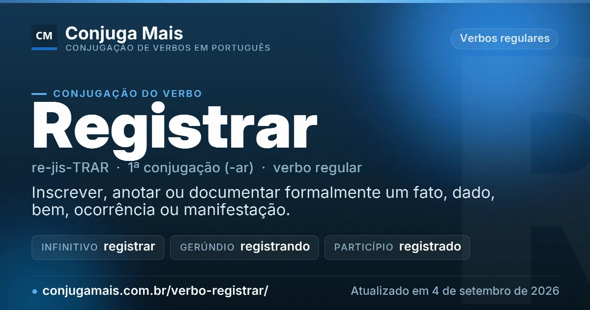 Cartão do verbo registrar com definição, formas principais, endereço da página e data de atualização.