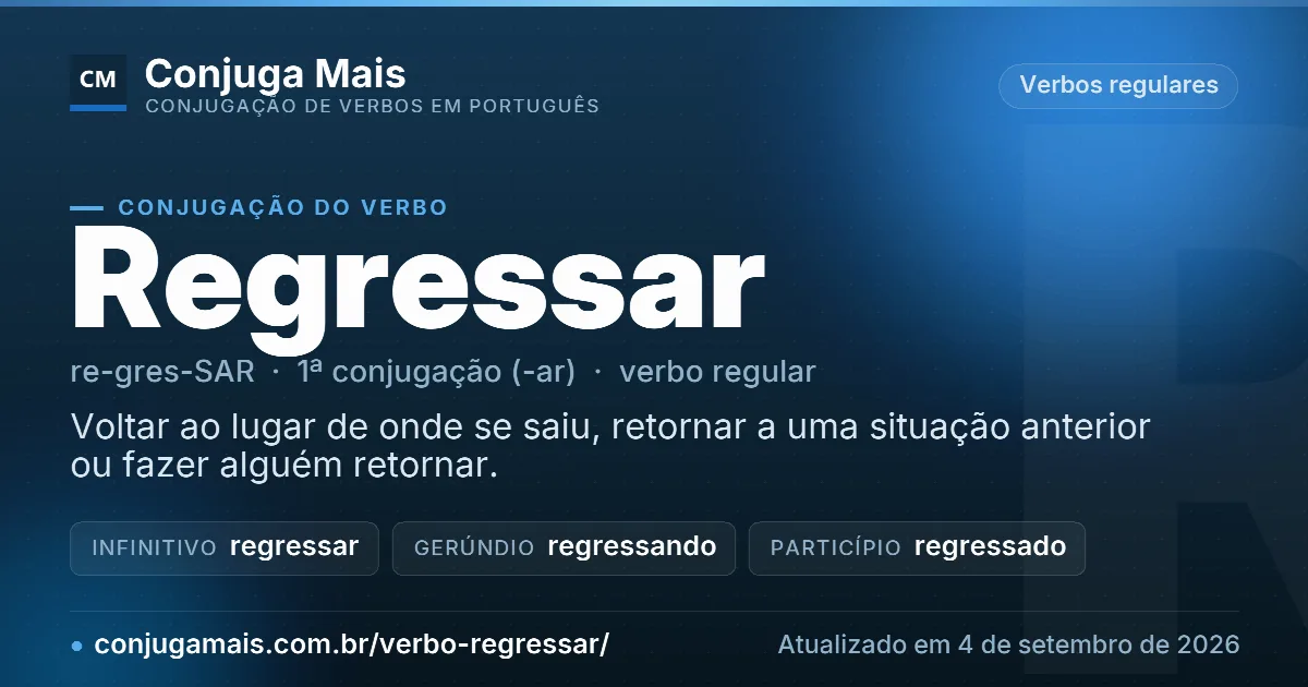 Cartão do verbo regressar com definição, formas principais, endereço da página e data de atualização.