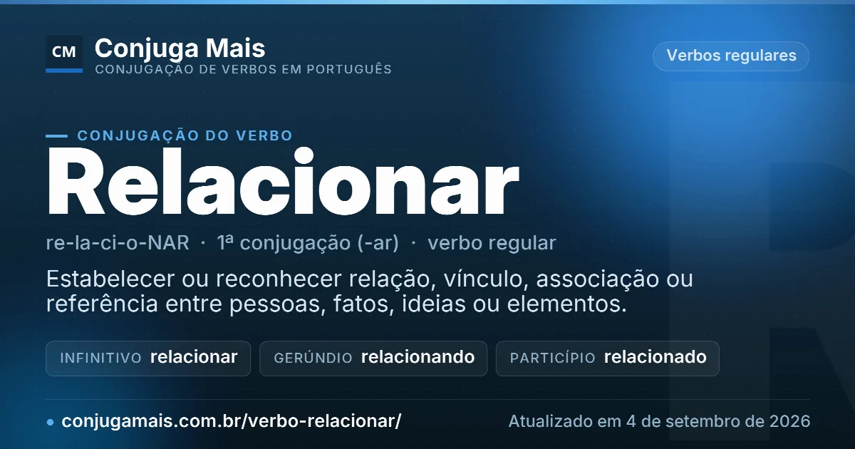 Cartão do verbo relacionar com definição, formas principais, endereço da página e data de atualização.