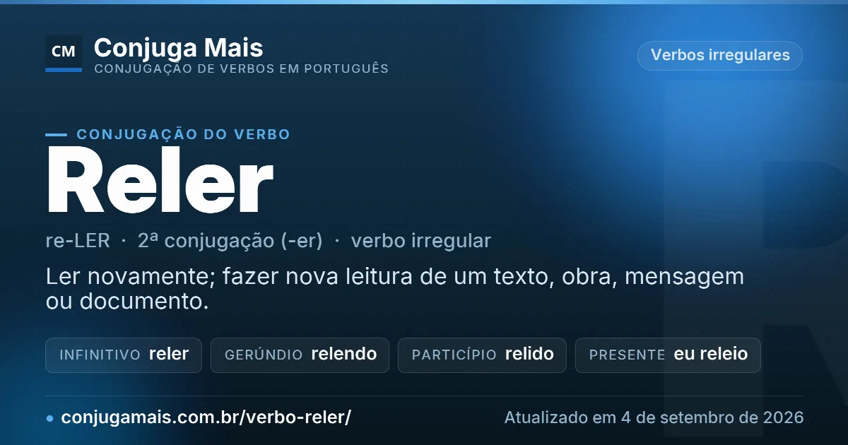 Cartão do verbo reler com definição, formas principais, endereço da página e data de atualização.