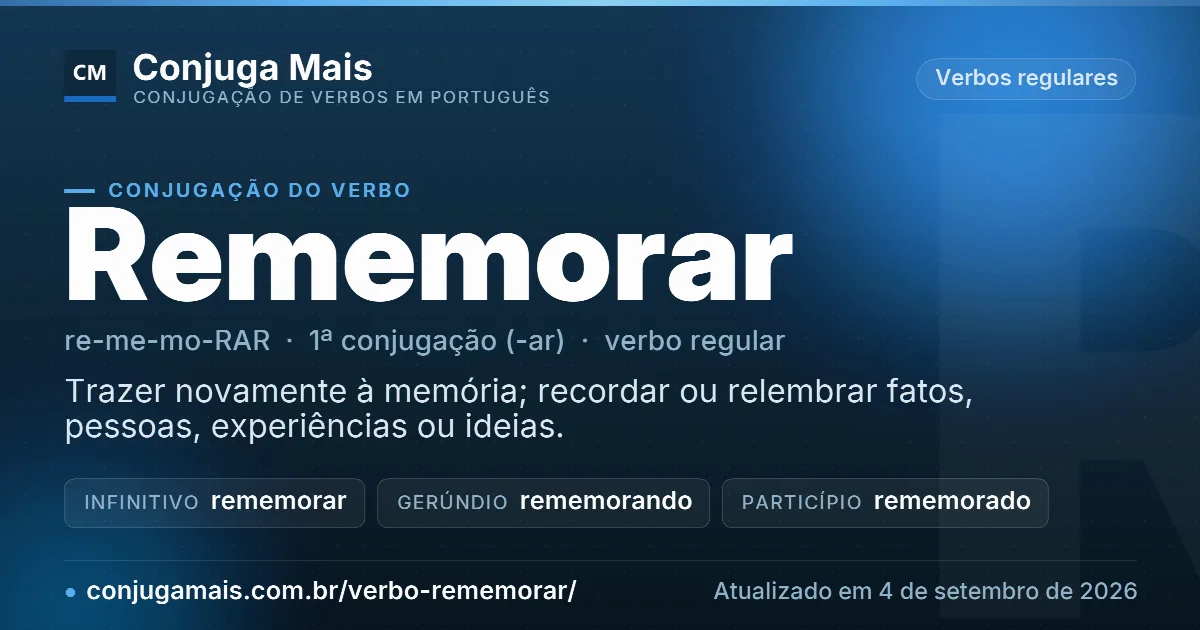 Cartão do verbo rememorar com definição, formas principais, endereço da página e data de atualização.