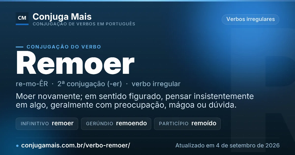 Cartão do verbo remoer com definição, formas principais, endereço da página e data de atualização.