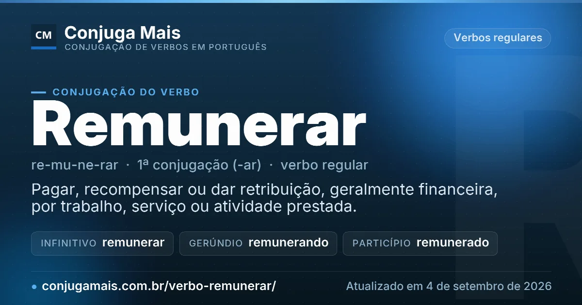 Cartão do verbo remunerar com definição, formas principais, endereço da página e data de atualização.
