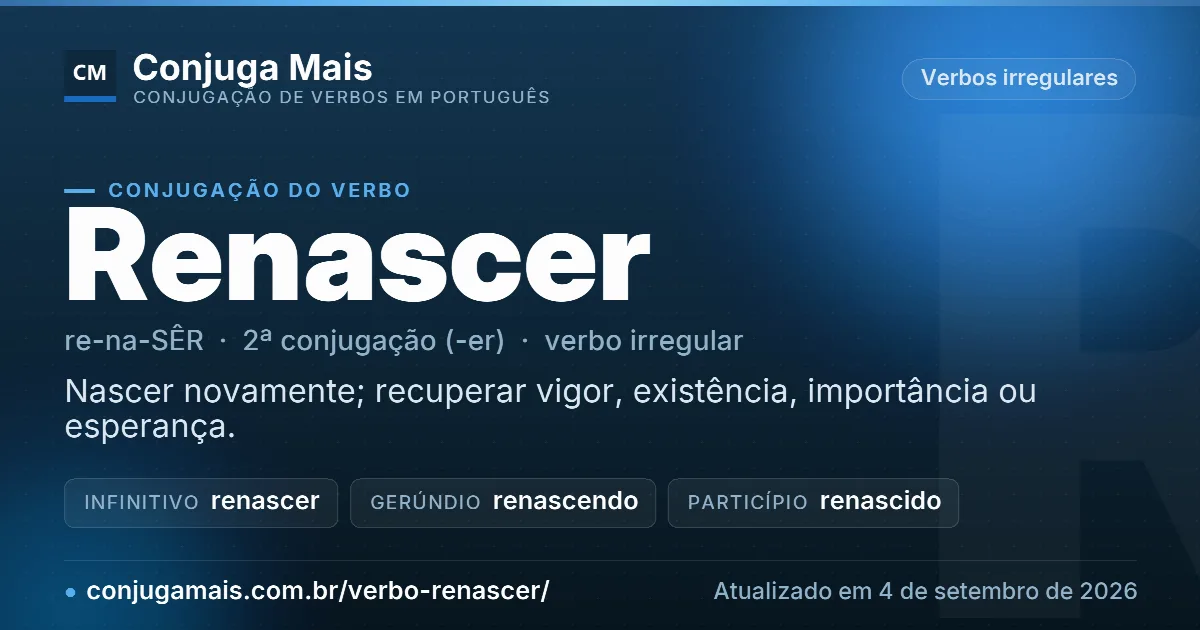 Cartão do verbo renascer com definição, formas principais, endereço da página e data de atualização.