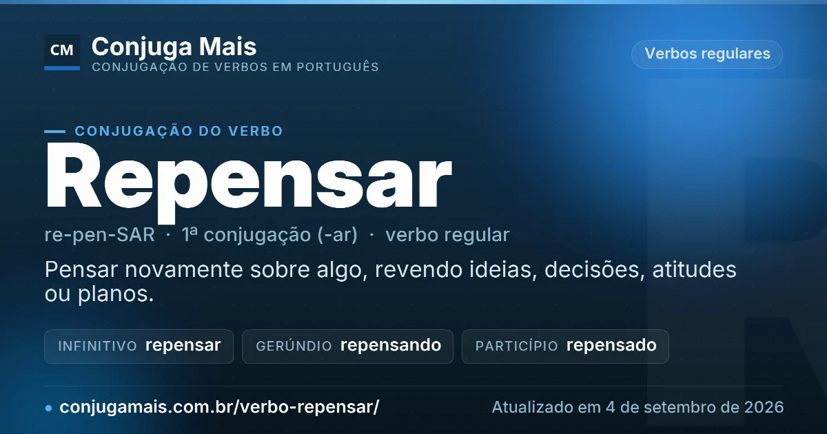 Cartão do verbo repensar com definição, formas principais, endereço da página e data de atualização.