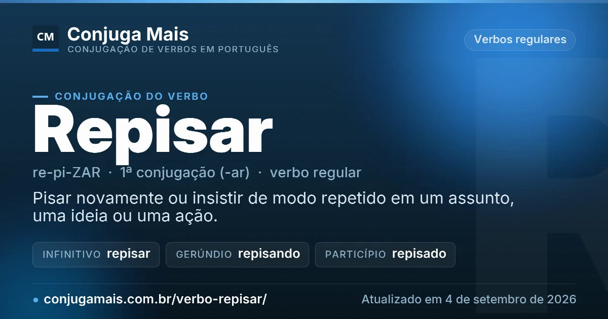 Cartão do verbo repisar com definição, formas principais, endereço da página e data de atualização.