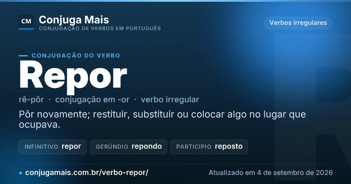 Cartão do verbo repor com definição, formas principais, endereço da página e data de atualização.