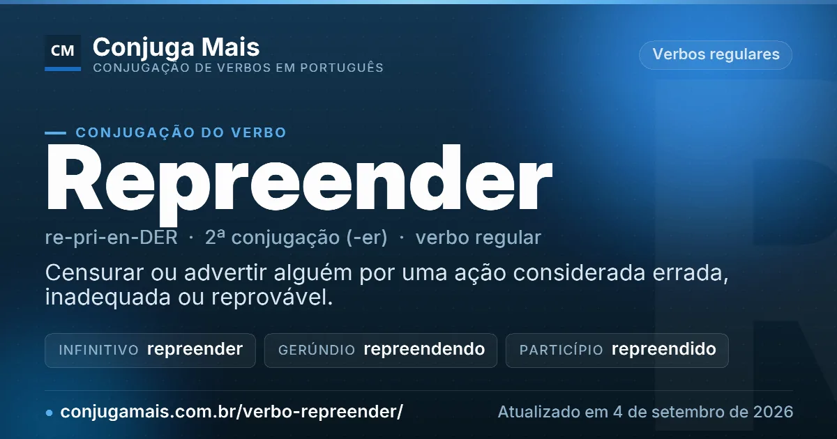 Cartão do verbo repreender com definição, formas principais, endereço da página e data de atualização.
