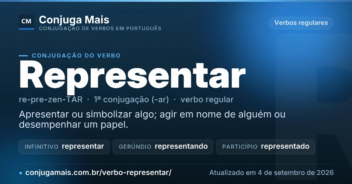 Cartão do verbo representar com definição, formas principais, endereço da página e data de atualização.
