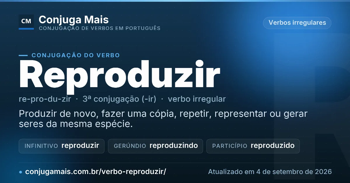 Cartão do verbo reproduzir com definição, formas principais, endereço da página e data de atualização.