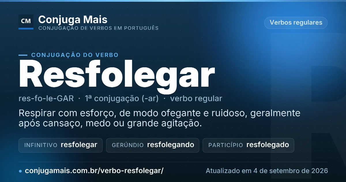 Cartão do verbo resfolegar com definição, formas principais, endereço da página e data de atualização.