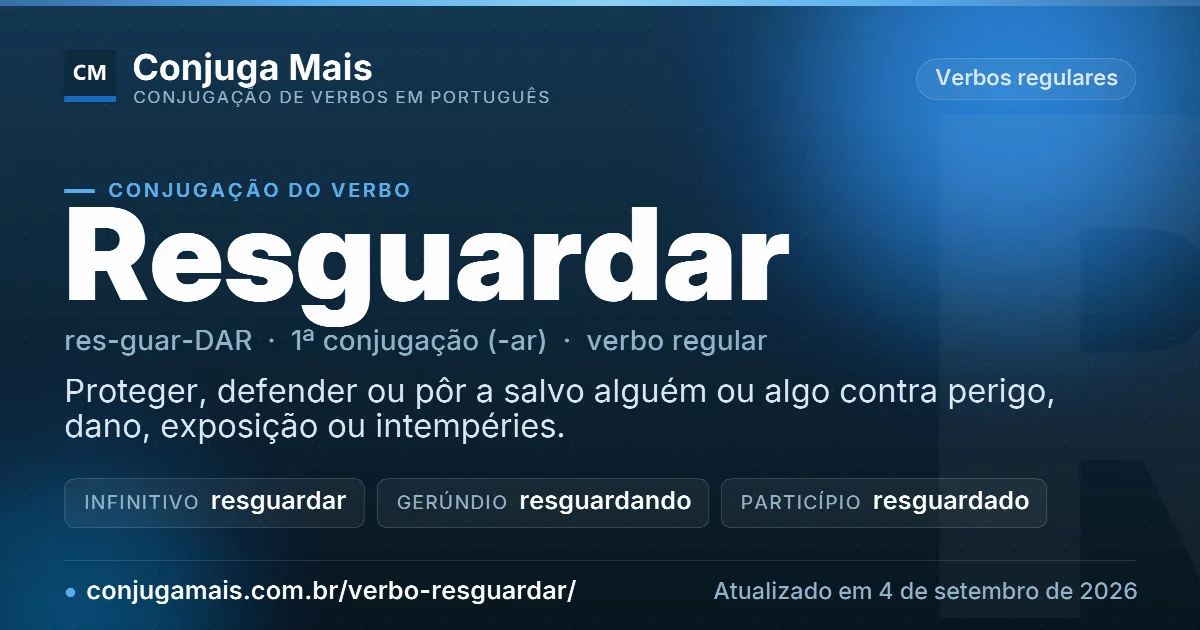 Cartão do verbo resguardar com definição, formas principais, endereço da página e data de atualização.