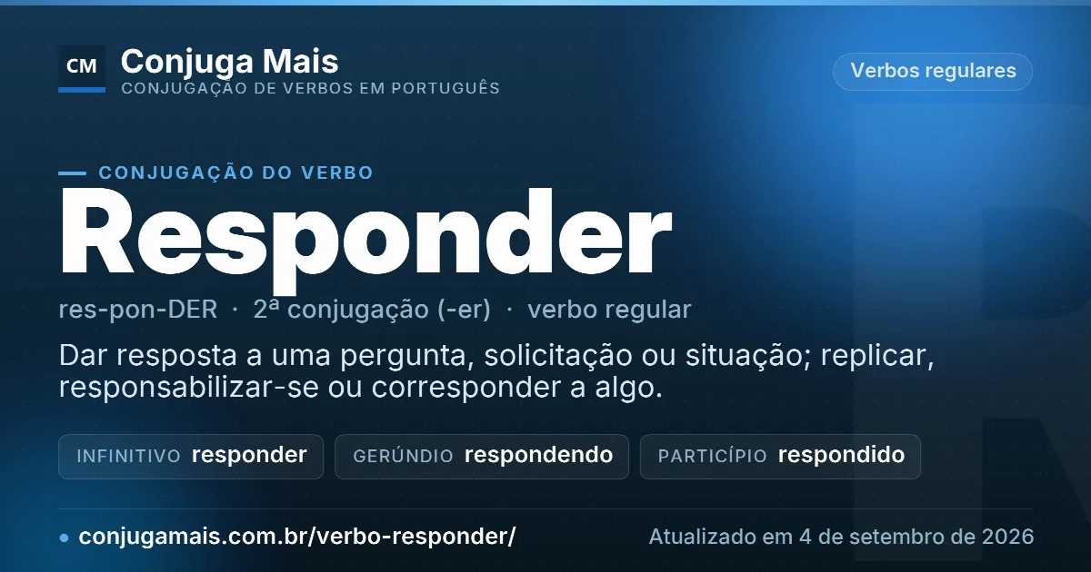 Cartão do verbo responder com definição, formas principais, endereço da página e data de atualização.