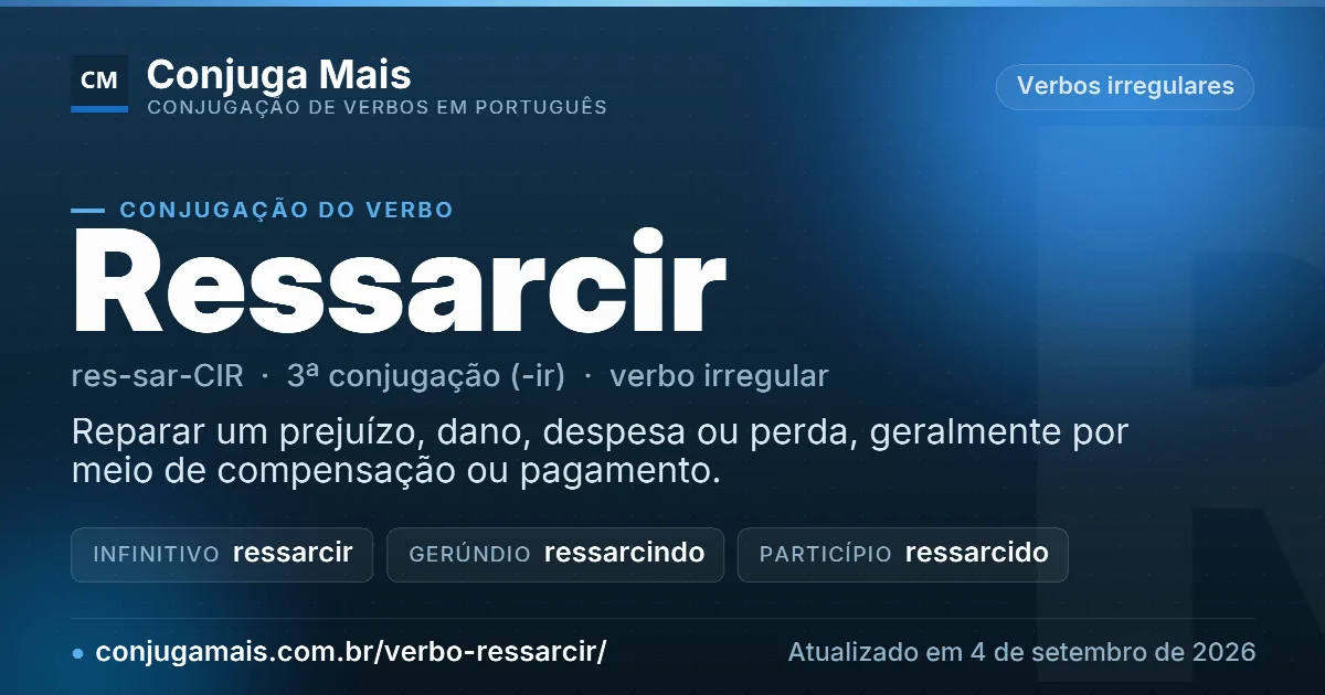 Cartão do verbo ressarcir com definição, formas principais, endereço da página e data de atualização.