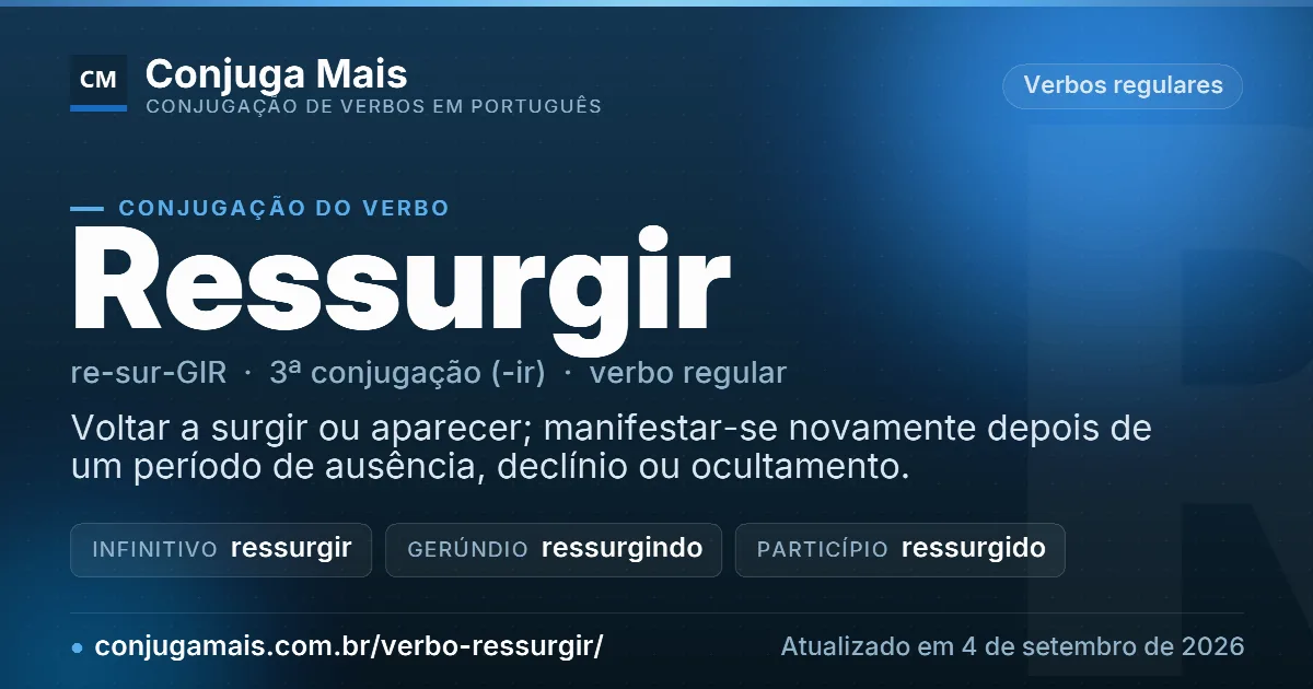 Cartão do verbo ressurgir com definição, formas principais, endereço da página e data de atualização.