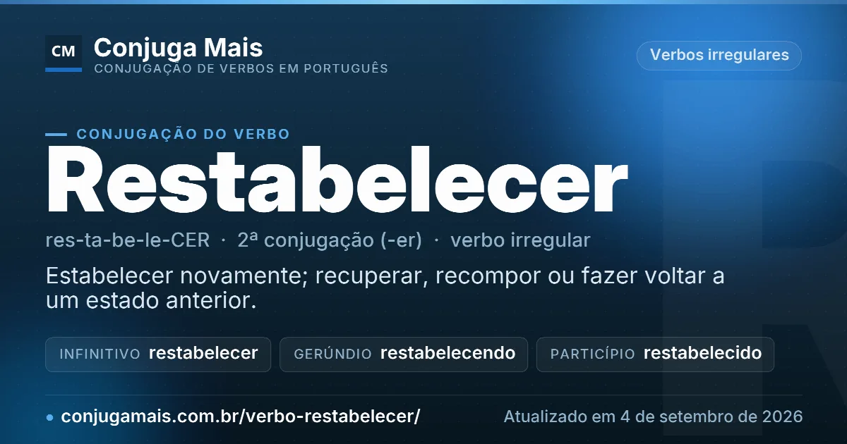 Cartão do verbo restabelecer com definição, formas principais, endereço da página e data de atualização.