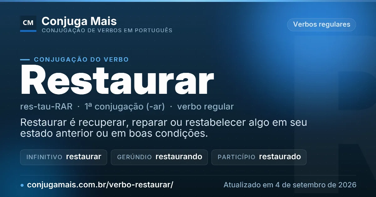 Cartão do verbo restaurar com definição, formas principais, endereço da página e data de atualização.