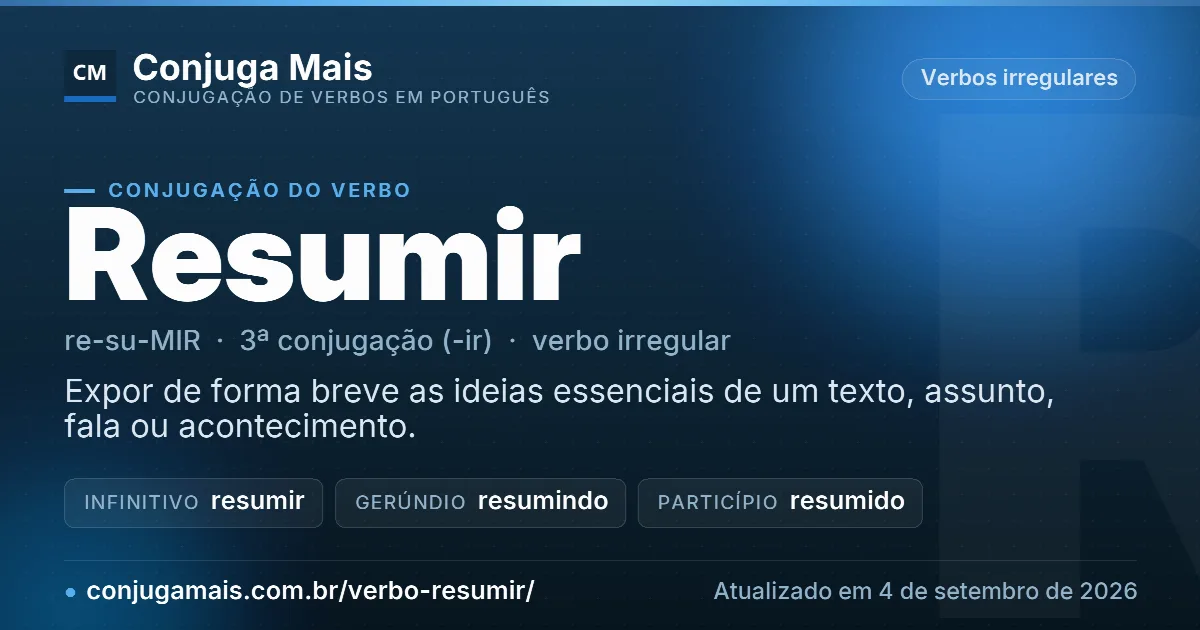 Cartão do verbo resumir com definição, formas principais, endereço da página e data de atualização.