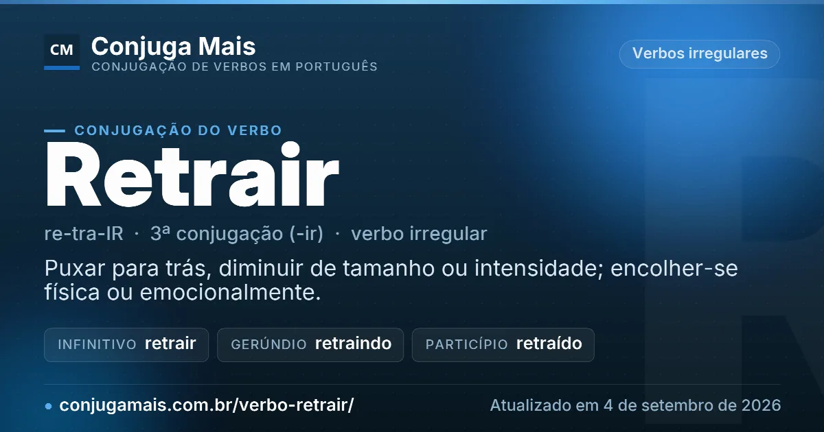 Cartão do verbo retrair com definição, formas principais, endereço da página e data de atualização.