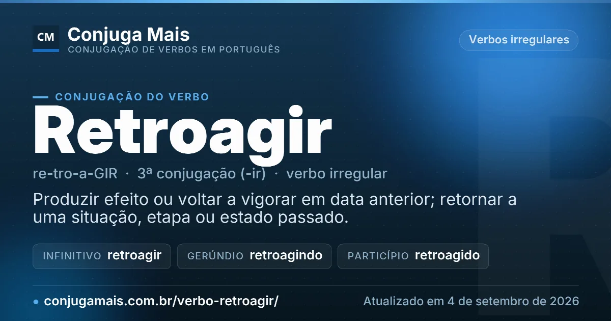 Cartão do verbo retroagir com definição, formas principais, endereço da página e data de atualização.