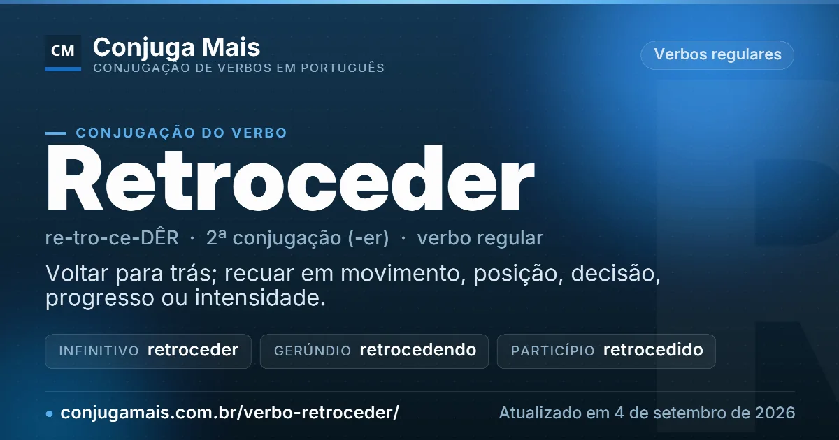 Cartão do verbo retroceder com definição, formas principais, endereço da página e data de atualização.