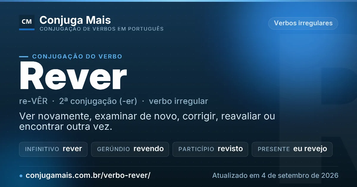 Cartão do verbo rever com definição, formas principais, endereço da página e data de atualização.