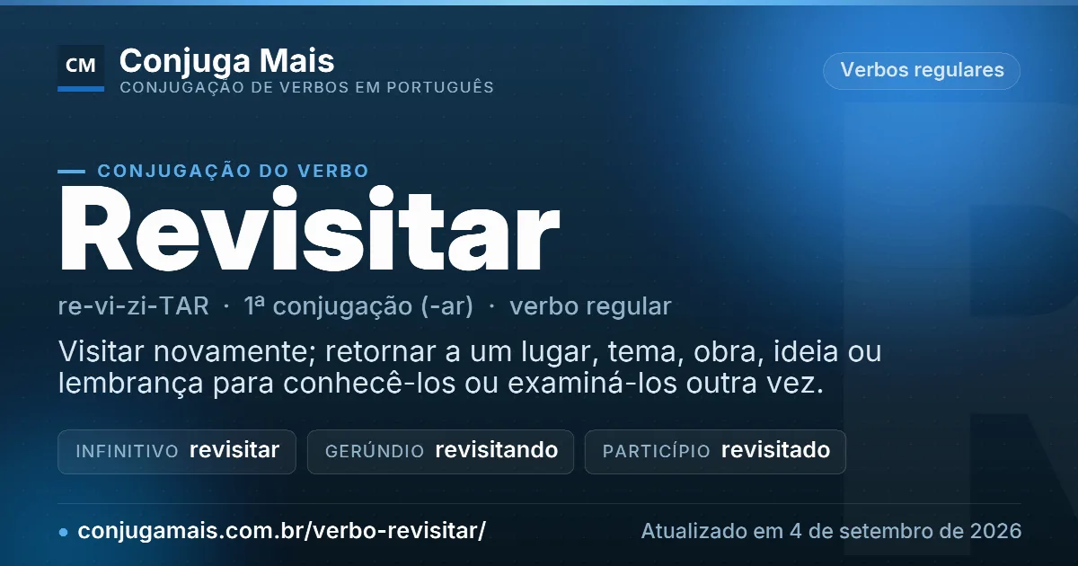 Cartão do verbo revisitar com definição, formas principais, endereço da página e data de atualização.