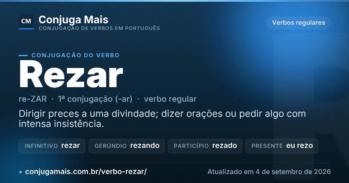 Cartão do verbo rezar com definição, formas principais, endereço da página e data de atualização.