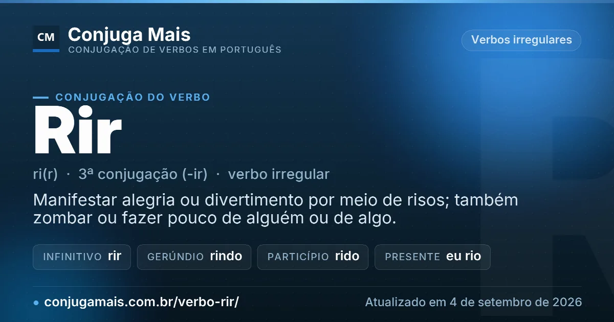 Cartão do verbo rir com definição, formas principais, endereço da página e data de atualização.